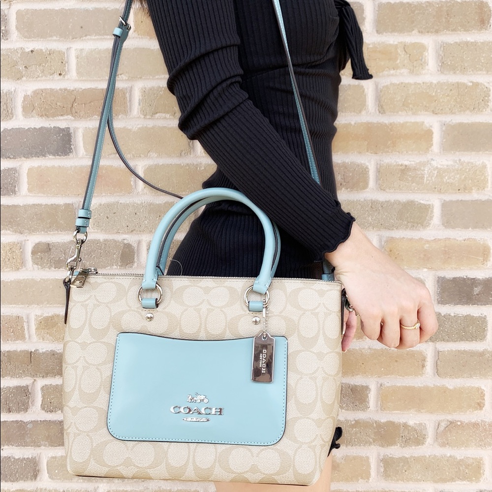 Coach purse light khaki turquoise satchel - Picture 1 of 6